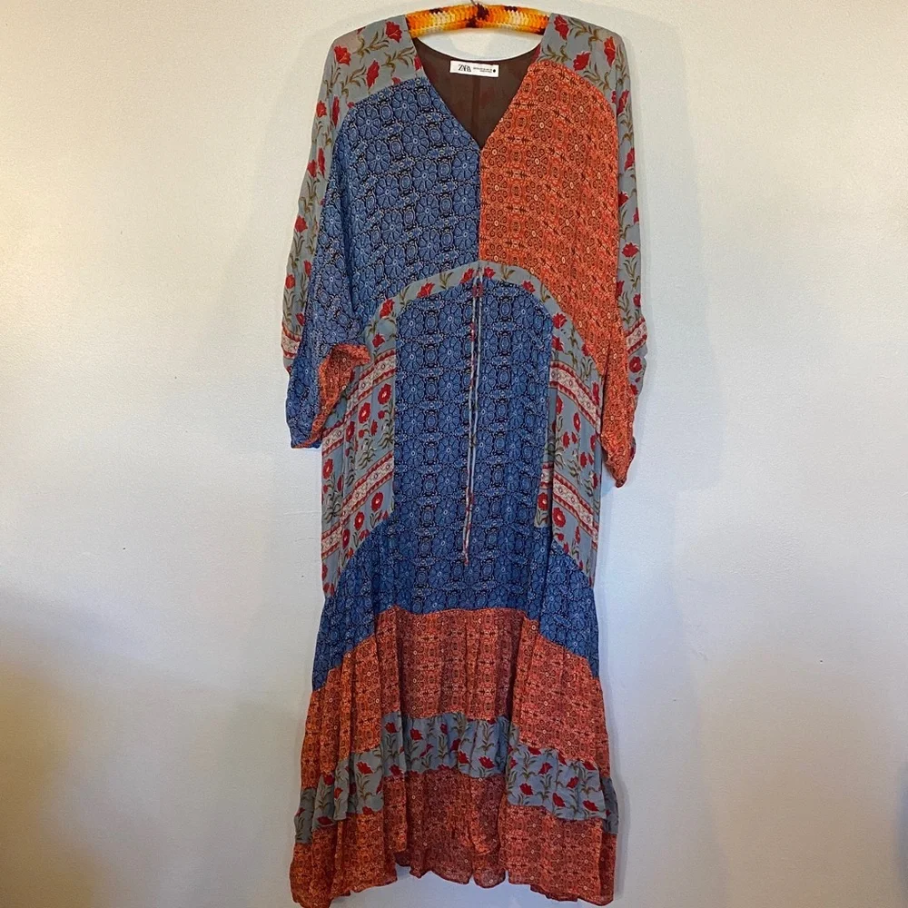 Zara Blue and Rust Patchwork Tiered Maxi Dress - Picture 1 of 4
